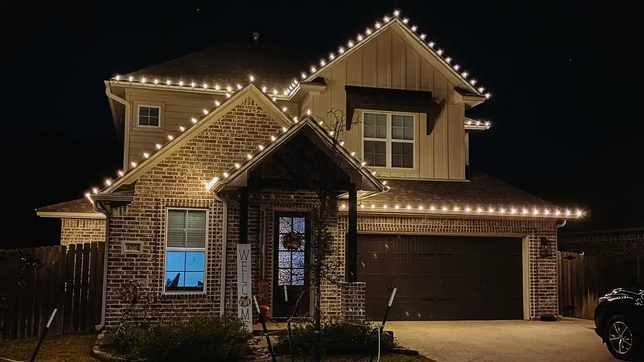 Warm white Christmas lights outlining a two-story North Texas home